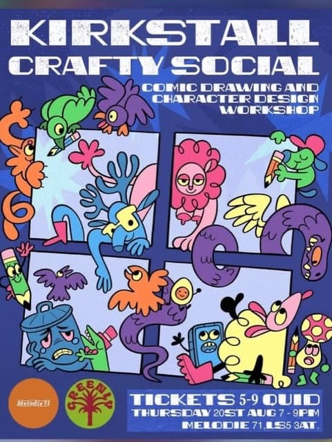 Poster for Kirkstall Crafty Social: Comic Drawing and Character Design Workshop